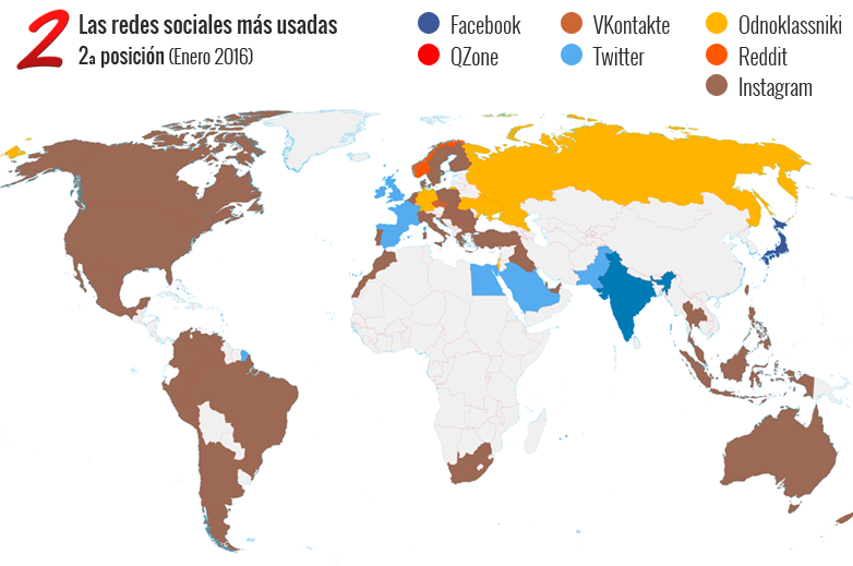 Mapa de las segundas redes sociales más usadas en el mundo